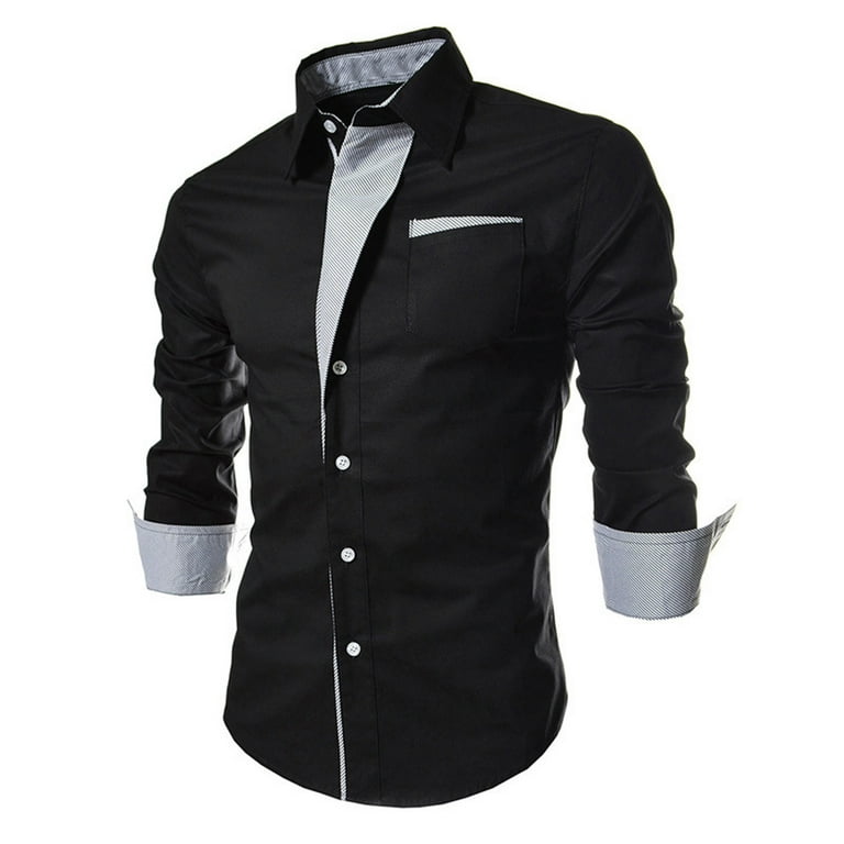 VSSSJ Button Down Shirts for Men Plus Size Color Block Patchwork Long  Sleeve Collared Tee Top with Pocket Casual Stylish Business T-Shirt Black S  