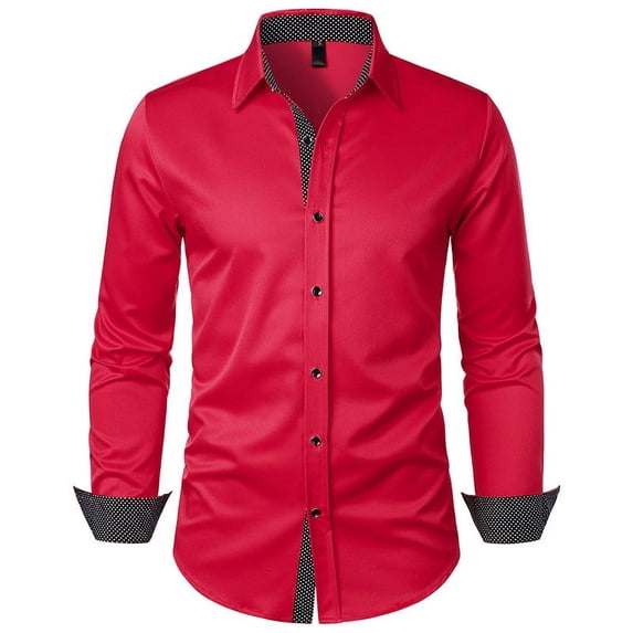 VSSSJ Button Down Shirts for Men Regular Fit Solid Color Patchwork Long Sleeve Lapel Shirt Casual Comfortable Commuting Work Blouse Tops Red XXL