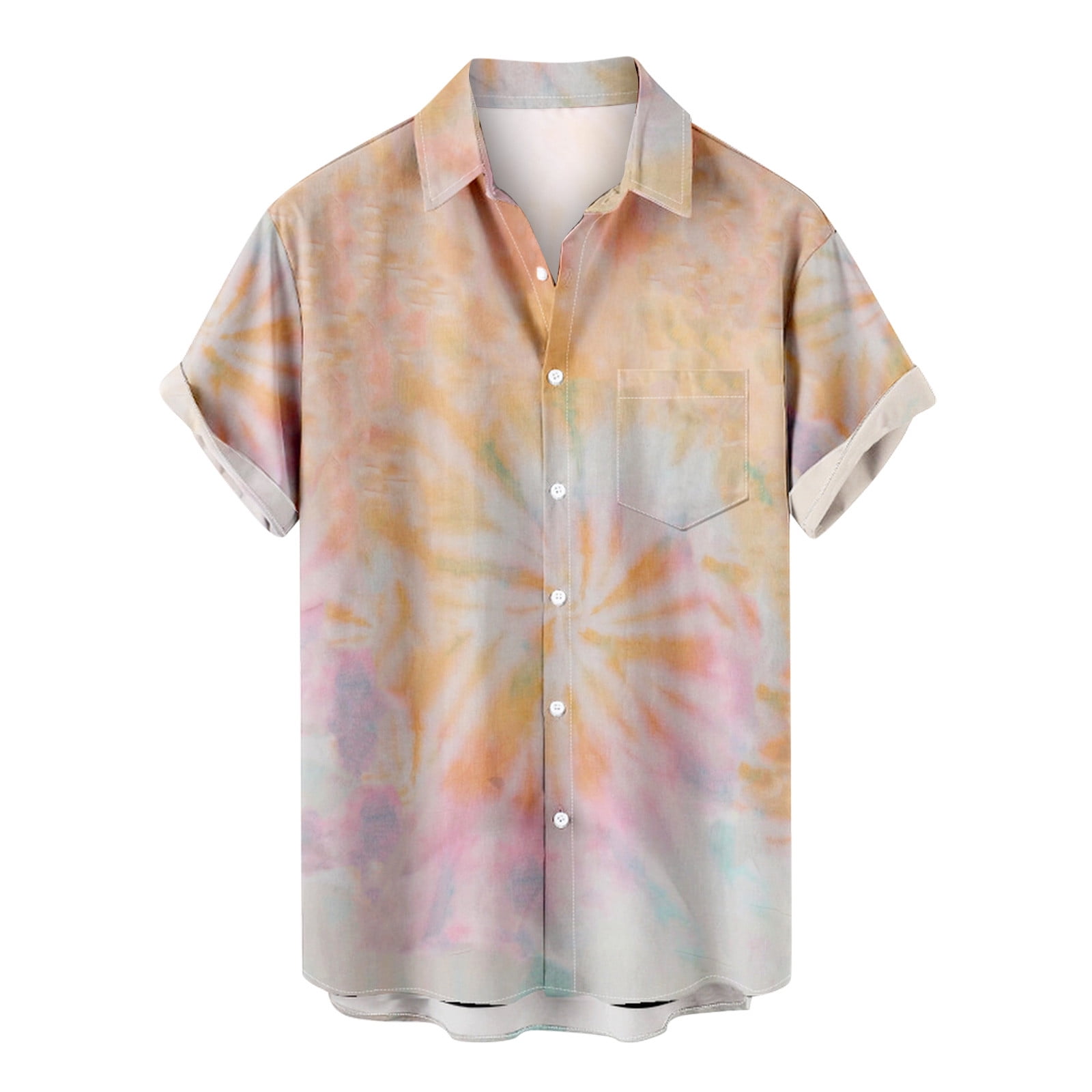VSSSJ Button Down Shirts for Men Relaxed Fit Tie-Dye Print Short Sleeve  Collared T-Shirts with Front Pocket Casual Thin Beach Tops Blouse Orange  XXXL