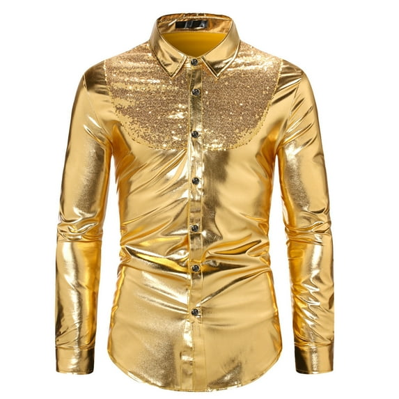 VSSSJ Button Down Shirts for Men Slim Fit Sequin Contrast Color Foil Long Sleeve Collared Shirt Blouse Fashion Disco Nightclub Party T-Shirts Gold S