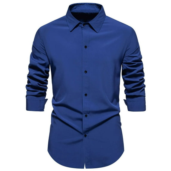 VSSSJ Button Down Shirts for Men Slim Fit Solid Color Long Sleeve Turndown Collar T-Shirts Casual Fashion Lightweight Basic Tees Dark Blue XXL