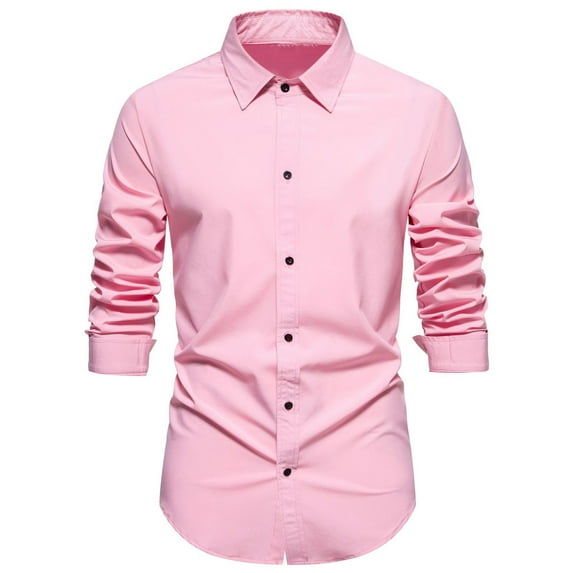 VSSSJ Button Down Shirts for Men Slim Fit Solid Color Long Sleeve Turndown Collar T-Shirts Casual Fashion Lightweight Basic Tees Pink L