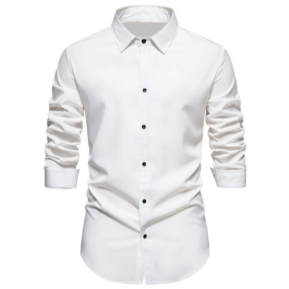 VSSSJ Button Down Shirts for Men Slim Fit Solid Color Long Sleeve Turndown Collar T-Shirts Casual Fashion Lightweight Basic Tees White XL