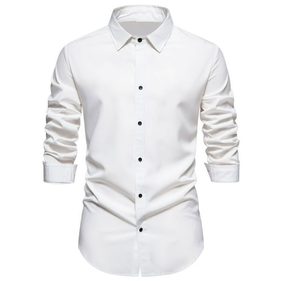 VSSSJ Button Down Shirts for Men Slim Fit Solid Color Long Sleeve Turndown Collar T-Shirts Casual Fashion Lightweight Basic Tees White XXL