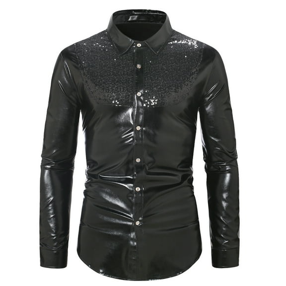 VSSSJ Button Down Shirts for Men Slim Fit Sequin Contrast Color Foil Long Sleeve Collared Shirt Blouse Fashion Disco Nightclub Party T-Shirts Black XXL