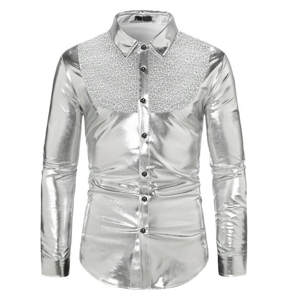 VSSSJ Button Down Shirts for Men Slim Fit Sequin Contrast Color Foil Long Sleeve Collared Shirt Blouse Fashion Disco Nightclub Party T-Shirts Silver L