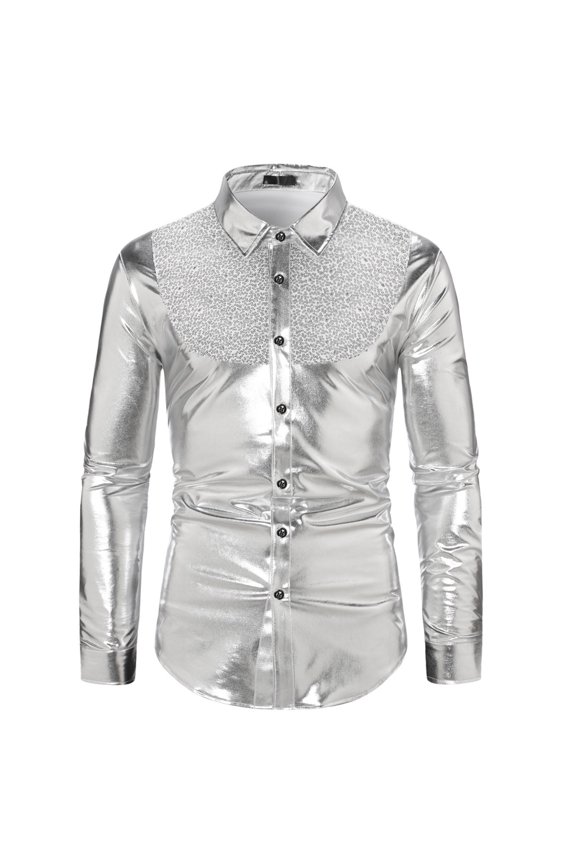Button Down Shirts for Men Slim Fit Sequin Contrast Color Foil Long Sleeve Collared Shirt Blouse Fashion Disco Nightclub Party T-Shirts Silver L
