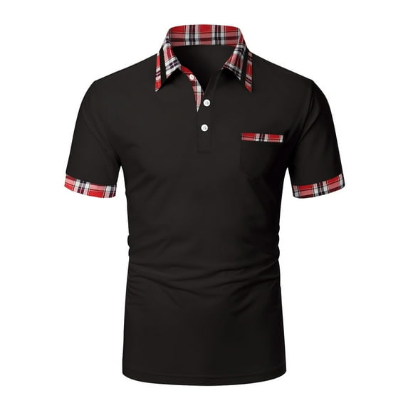 VSSSJ Button Up T-Shirts for Men Regular Fit Short Sleeve Casual Plaid Color Block Patchwork Shirts Summer Turndown Collar Comfy Daily Business Blouses Black XL