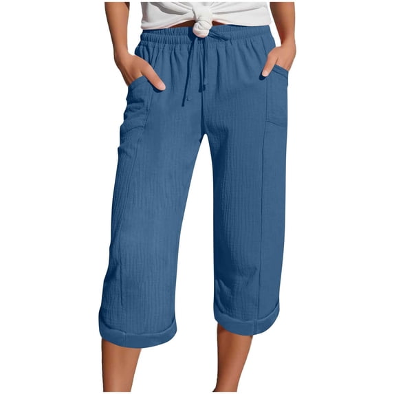 VSSSJ Capri Pants for Womens Stretch Waist Straight Leg Loose Fit Summer Casual Pants Drawstring Pockets Comfortable Cropped Trousers Blue M