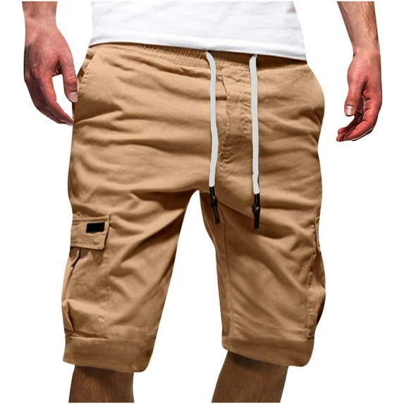 VSSSJ Cargo Shorts for Men Loose Fit Solid Color Drawstring Elastic Waist Sweatpants with Multi-Pockets Casual Quick Dry Five Point Short Pants Khaki XXXL