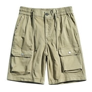 VSSSJ Cargo Shorts for Men Oversized Fit Relax Button Zipper Multi-Pockets Five Point Elastic Waist Solid Color Short Pants Sport Breathable Hiking Shorts Khaki L