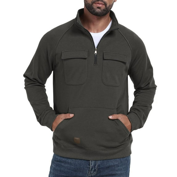 VSSSJ Cargo Sweatshirts for Men Quarter Zip Casual Long Sleeve Warm Fleece Lined Stand Collar Loose Pullover Sweatshirt with Multi-Pocket Gray XXL