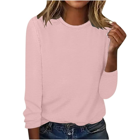 VSSSJ Casual Blouses for Women Solid Color Classic Versatile Dressy Breathable Tee Tops Long Sleeve Comfy Soft Crew Neck Loose T-Shirts Pink-01 L