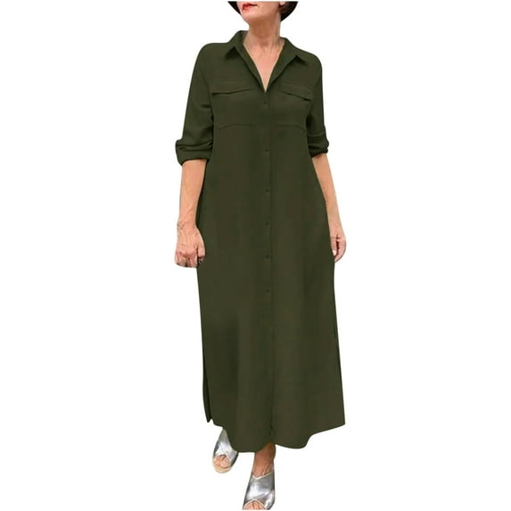 VSSSJ Casual Dresses for Women Long Sleeve Turndown Collar Solid Color Button Down Loose Comfy Flowy Maxi Shirt Dress with Pockets Army Green XL
