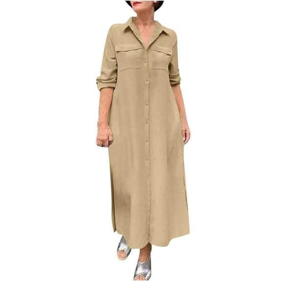 VSSSJ Casual Dresses for Women Long Sleeve Turndown Collar Solid Color Button Down Loose Comfy Flowy Maxi Shirt Dress with Pockets Khaki XXL