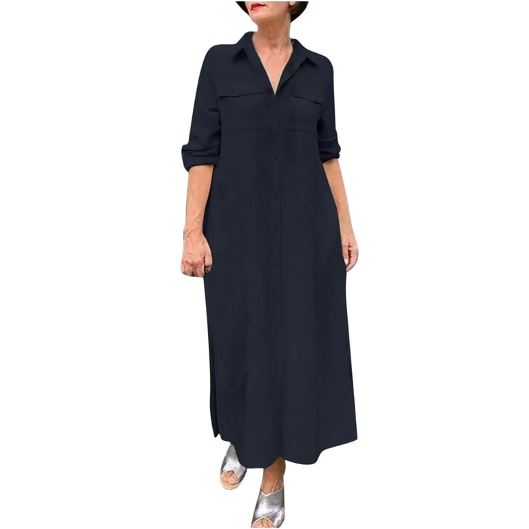 VSSSJ Casual Dresses for Women Long Sleeve Turndown Collar Solid Color  Button Down Loose Comfy Flowy Maxi Shirt Dress with Pockets Navy L -  Walmart.com