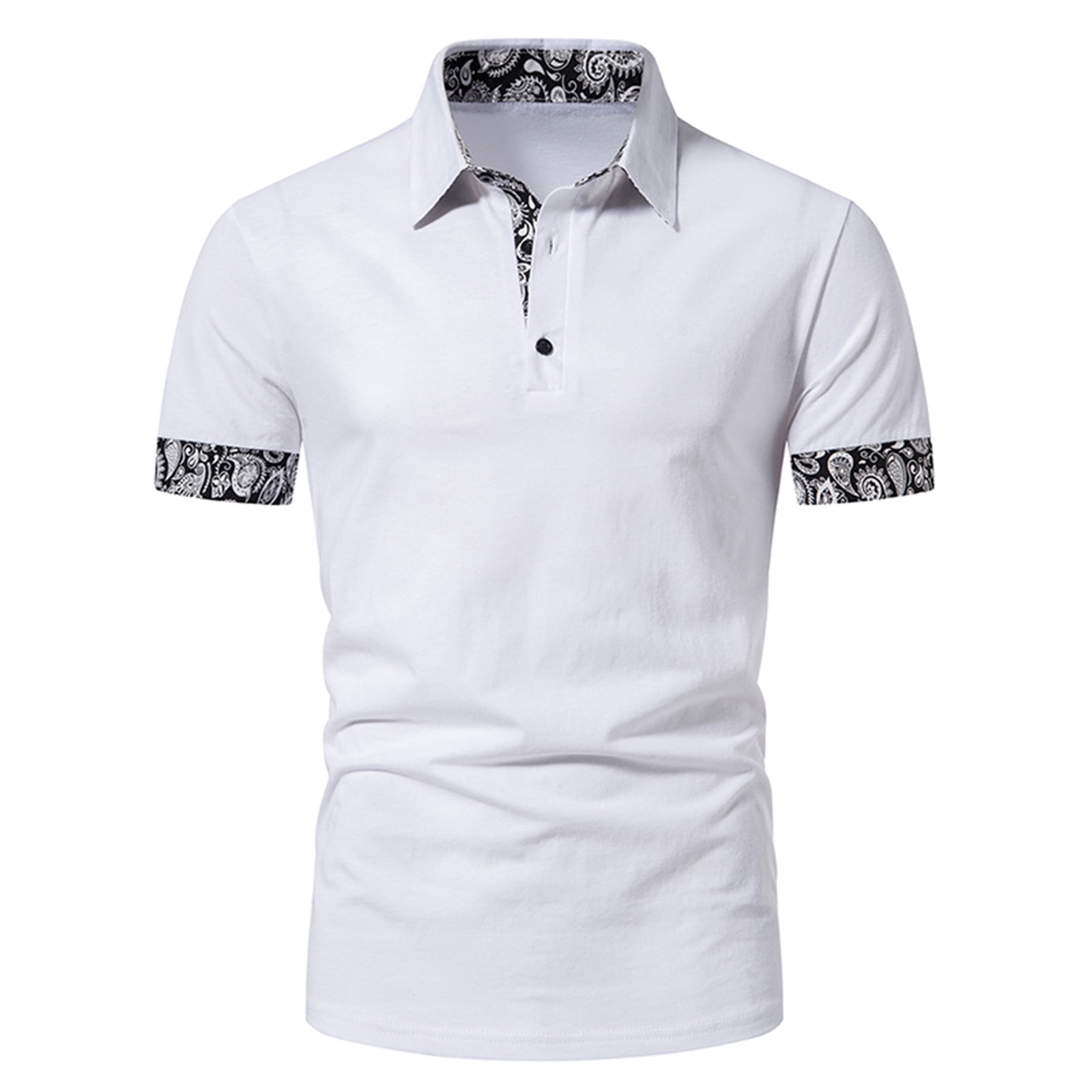 VSSSJ Casual Shirts for Men Loose Fit Solid Color Patchwork Print Short  Sleeve Button V-Neck Collared Blouse Top Quick Dry Lounging Polo Shirt  White S