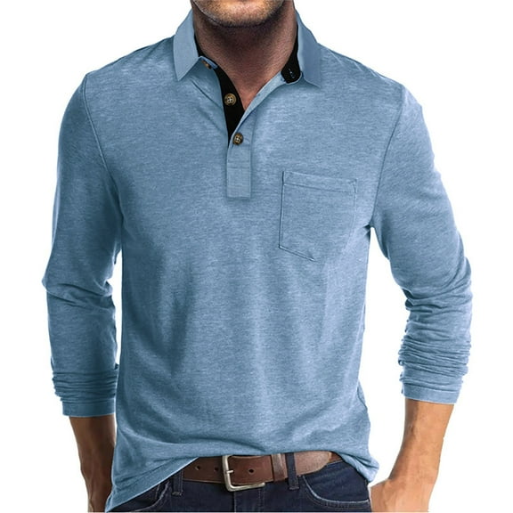 VSSSJ Casual Shirts for Men Oversized Fit Solid Color Long Sleeve Button Turndown Collar T-Shirts Fashion Lightweight Pullover Tees with Pocket Light Blue XL