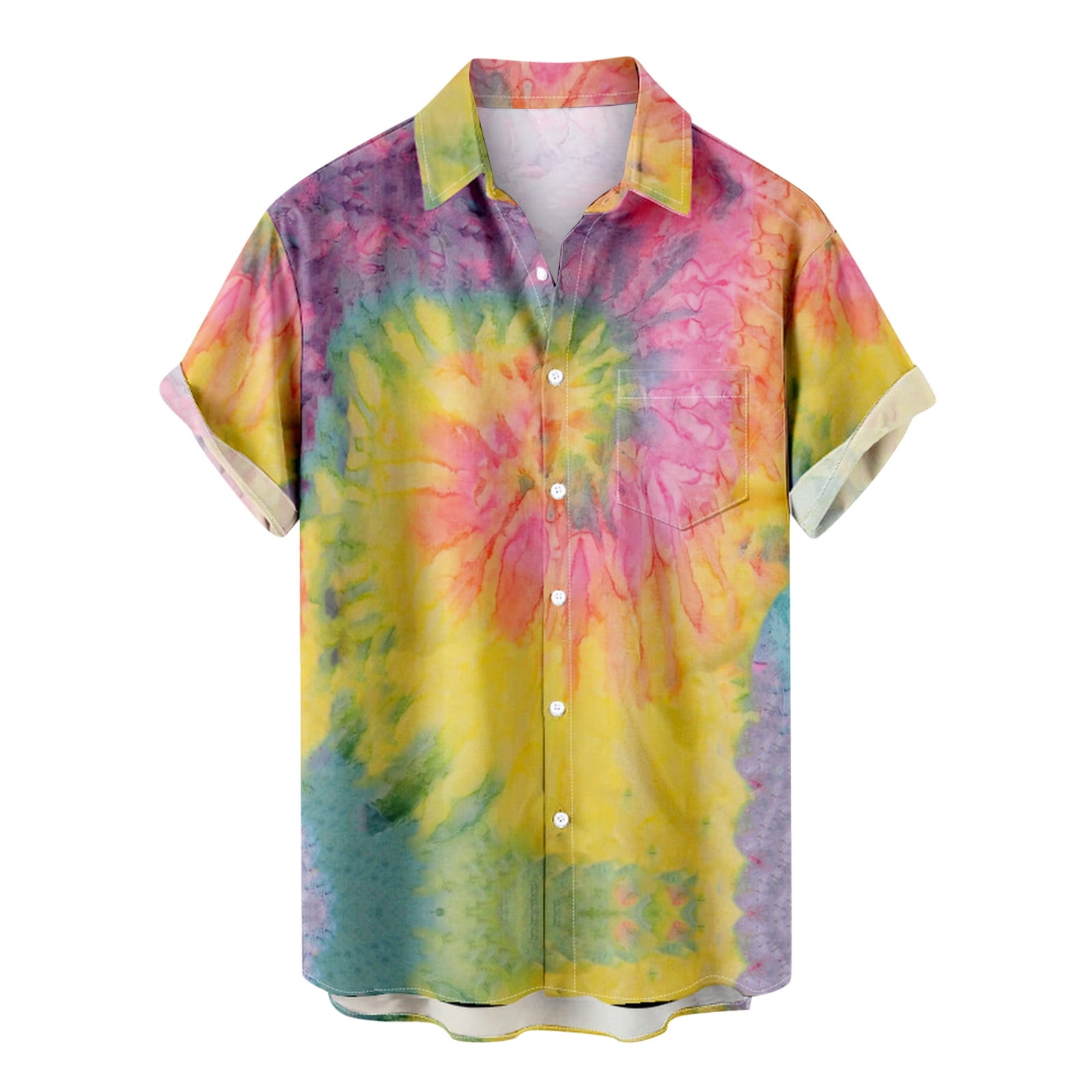 VSSSJ Casual Shirts for Men Slim Fit Summer Tie-Dye Print Short Sleeve  Button Down Collared Pocket Tee Top Comfy Quick Dry Beach Shirt Blouse  Yellow