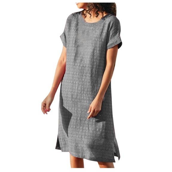 VSSSJ Casual Summer Dresses for Women Short Sleeve Round Neck Loose Fit Solid Color Knee Length Split Leisure Beach Tshirt Dress Gray M