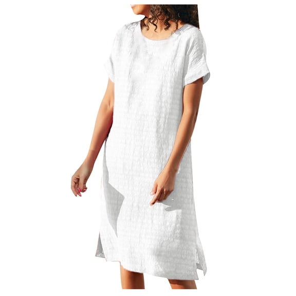 VSSSJ Casual Summer Dresses for Women Short Sleeve Round Neck Loose Fit Solid Color Knee Length Split Leisure Beach Tshirt Dress White M