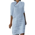 thumbnail image 1 of VSSSJ Casual Summer Dresses for Women Solid Color Buttons Cotton Linen Half Sleeve Round Neck Knee Length Loose Beach Sundress Light Blue M, 1 of 6
