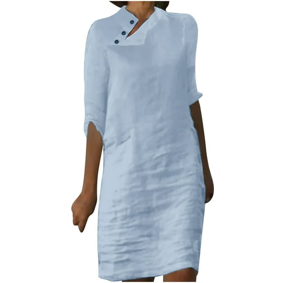 VSSSJ Casual Summer Dresses for Women Solid Color Buttons Cotton Linen Half Sleeve Round Neck Knee Length Loose Beach Sundress Light Blue M