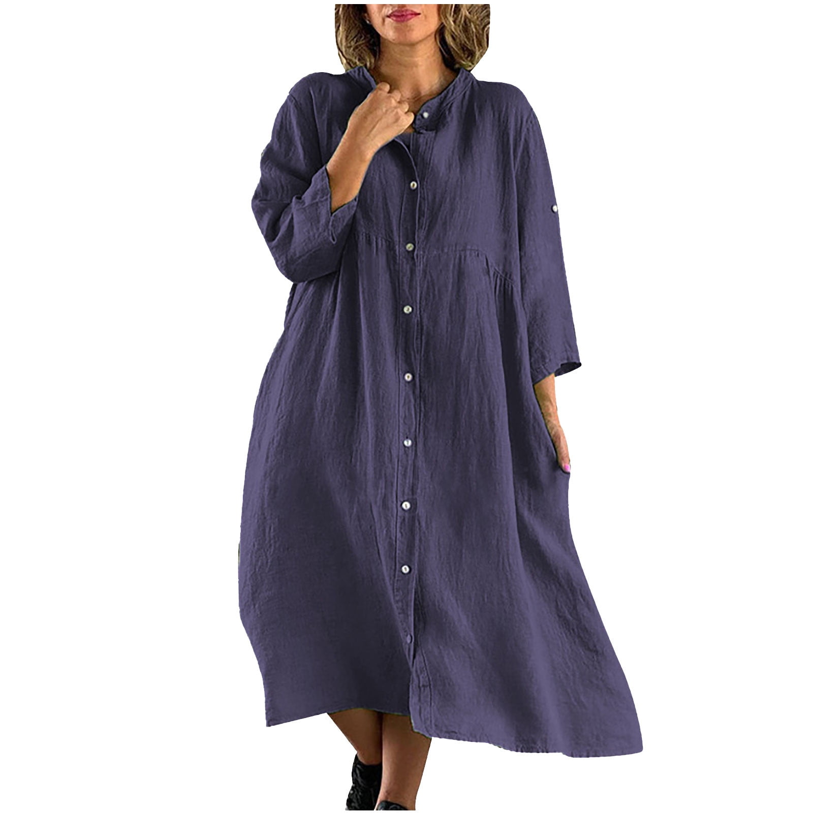 Vsssj Cotton Linen Dresses for Women Button Down 3/4 Sleeve Solid Color Loose Comfy Holiday Casual Lapel Neck Swing Midi Long Shirt Dress Dark Blue XL