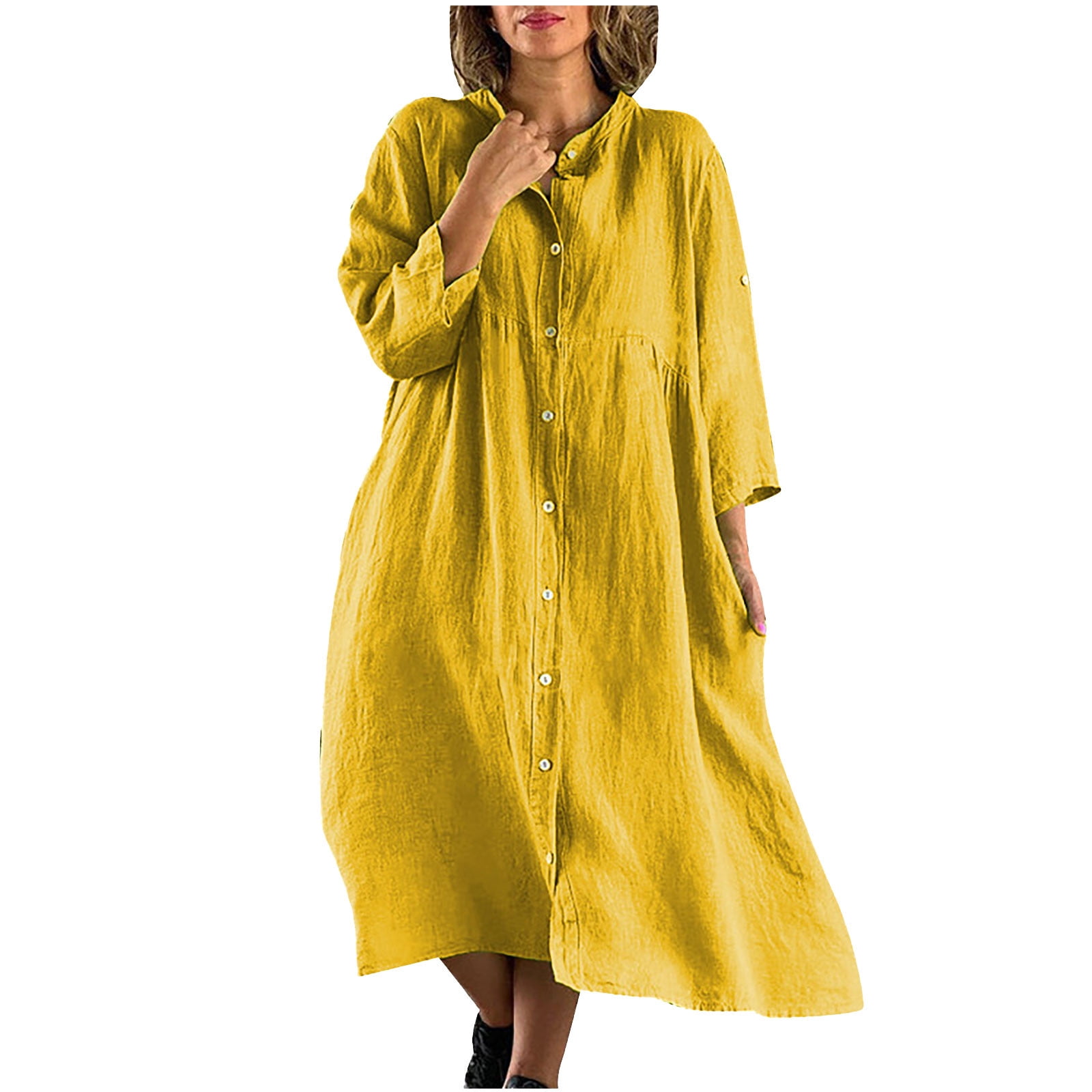 VSSSJ Cotton Linen Dresses for Women Button Down 3/4 Sleeve Solid Color  Loose Comfy Holiday Casual Lapel Neck Swing Midi Long Shirt Dress Yellow S  - Walmart.com