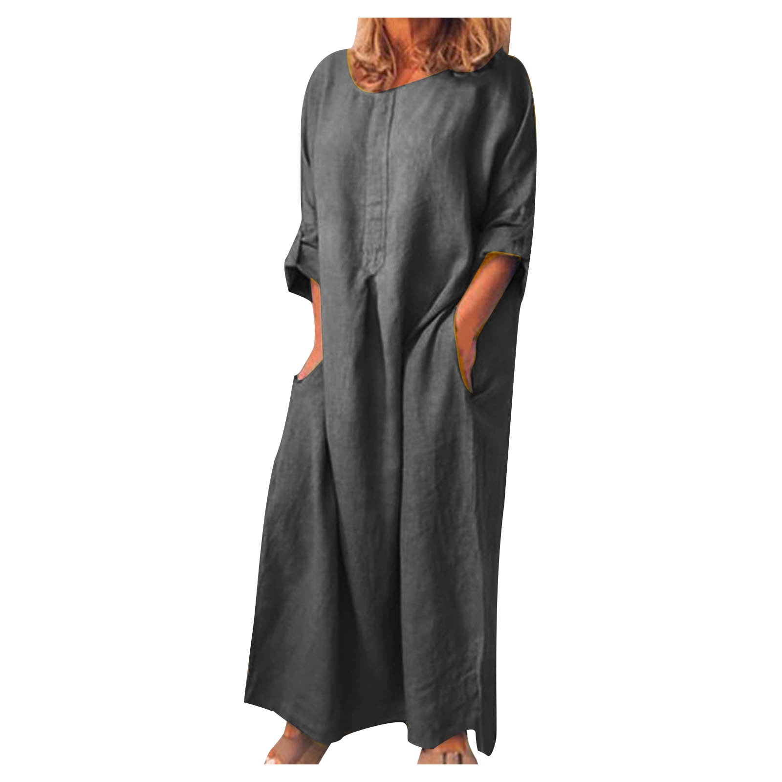 VSSSJ Cotton Linen Dresses for Women Crew Neck Solid Color Loose 3/4 Sleeve Casual Spring Summer Swing Long Dress with Pockets Gray XL - Walmart.com VSSSJ Cotton Linen Dresses for Women Crew Neck Solid Color Loose 3/4 Sleeve Casual Spring Summer Swing Long Dress with Pockets Gray XL - Walmart.com