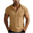 thumbnail image 1 of VSSSJ Cotton Linen Henley Shirt for Men Short Sleeve Casual Beach Shirts Button Up Pocket Mock Neck Relaxed Fit Summer Shirt Tops Gold XL, 1 of 8