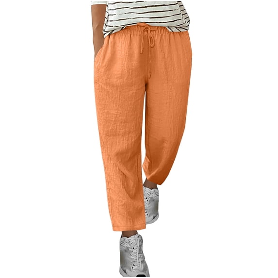 VSSSJ Cotton Linen Pants for Women Drawstring Elastic Waist Straight Leg Casual Pants Vacation Beach Versatile Comfortable Loose Fit Trousers Orange L