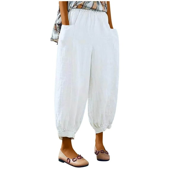 VSSSJ Cotton Linen Pants for Women Relaxed Fit Solid Color Elastic Waist Nine Point Lantern Trousers Casual Baggy Versatile Harem Pants White XL