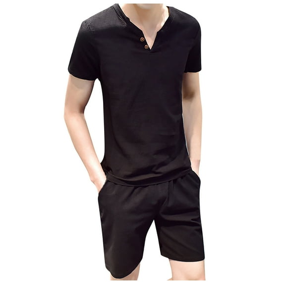 VSSSJ Cotton and Linen Sets for Men Plus Size Solid Color V-Neck Button Short Sleeve Tee Shirts and Elastic Waist Shorts Casual Breathable Loose Two Piece Suit Black XXXXL