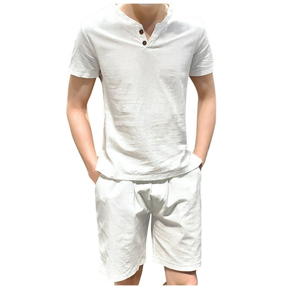 VSSSJ Cotton and Linen Sets for Men Plus Size Solid Color V-Neck Button Short Sleeve Tee Shirts and Elastic Waist Shorts Casual Breathable Loose Two Piece Suit White XXL