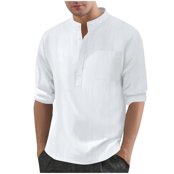 VSSSJ Cotton Linen Shirt for Men Relaxed Fit Casual Button Up Long Sleeve Stand Collar Solid Pocket Comfortable Shirt Tops White XXL