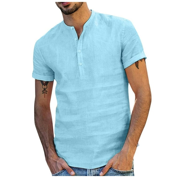 VSSSJ Cotton and Linen Shirts for Men Big and Tall Solid Color Short Sleeve V-Neck T-Shirt Fashion Summer Moisture Wicking Pullover Tops Light Blue XL