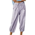 thumbnail image 1 of VSSSJ Cotton and Linen Trousers for Women Loose Fit Drawstring Elastic Waist Solid Color Straight Pants Casual Trendy Summer Long Pants with Pockets Purple02 S, 1 of 8
