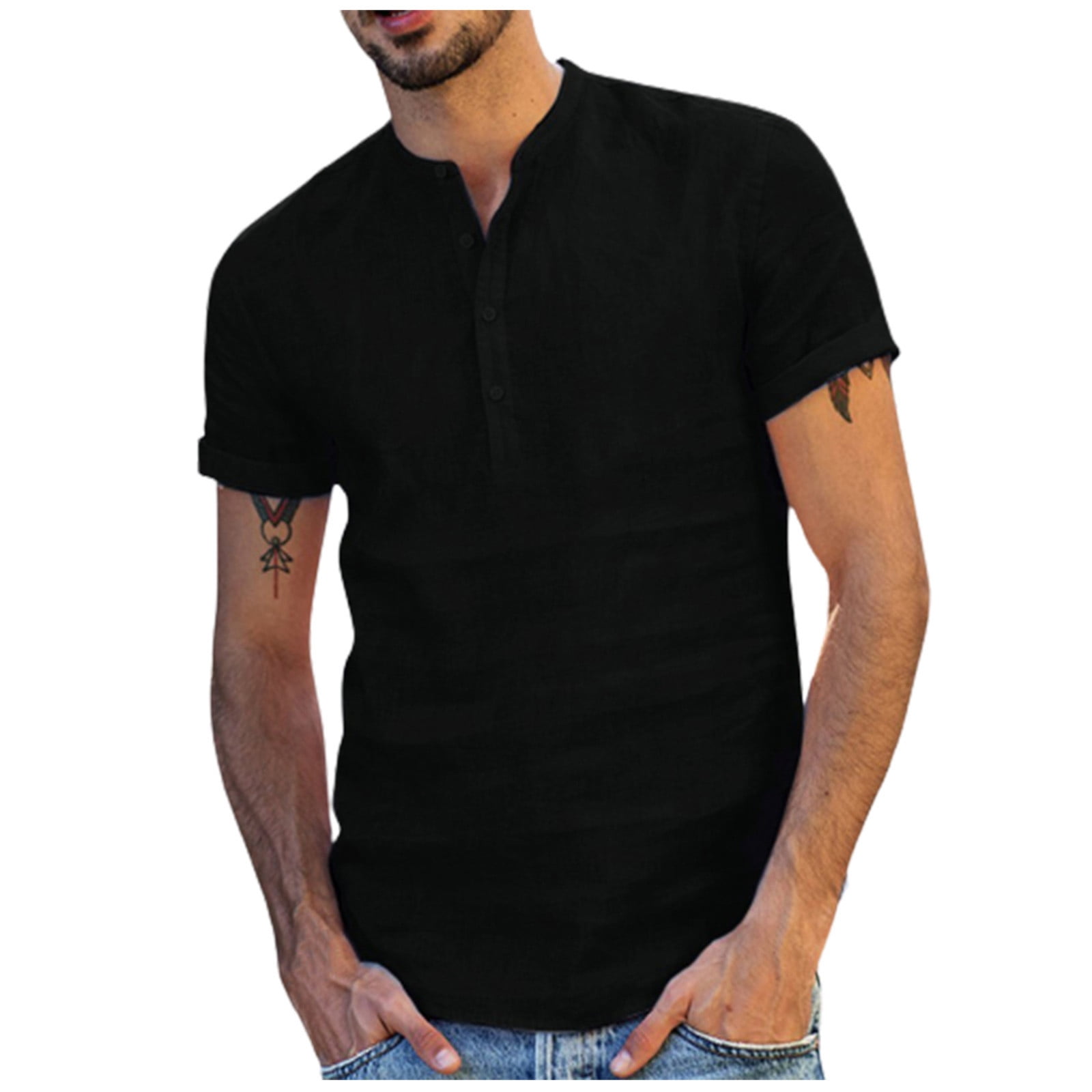 VSSSJ Cotton and Linen Shirts for Men Big and Tall Solid Color Short Sleeve  V-Neck T-Shirt Fashion Summer Moisture Wicking Pullover Tops Black XXXL