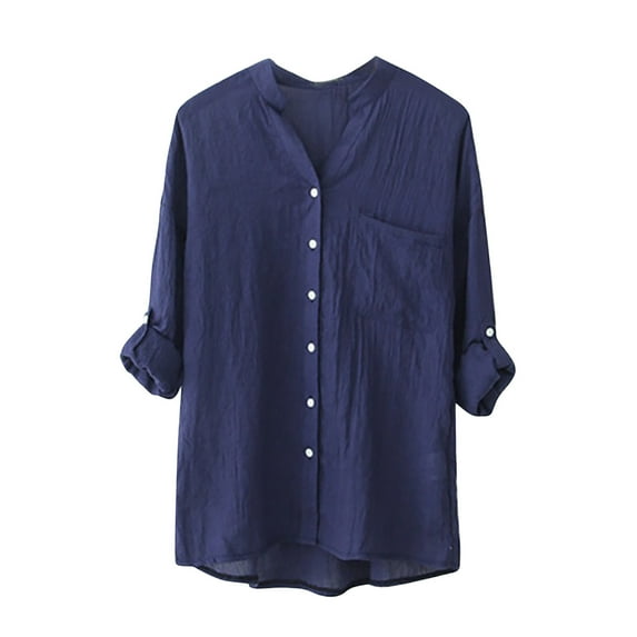 VSSSJ Cotton and Linen Shirts for Women Slim Fit Solid Color Button Down 3/4 Sleeve Top Blouse Casual Comfort Everyday Tee Shirts Dark Blue S