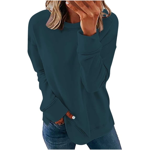 VSSSJ Crewneck Sweatshirts for Women Casual Solid Color Simple Versatile Pullover T-Shirt Long Sleeve Drop Shoulder Loose Comfy Blouses Dark Blue XL