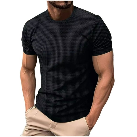 VSSSJ Crewneck T-Shirts for Men Short Sleeve Casual Muscle Fit Waffle Texture Shirt Summer Basic Solid Color Athletic Gym Fitness Tee Tops Black S