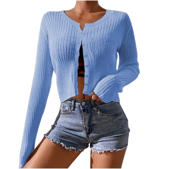 VSSSJ Cropped Cardigan for Women Long Sleeve Button Down Open Front Sweater Coat Solid Color Crew Neck Ribbed Knit Blouse Tops Blue M