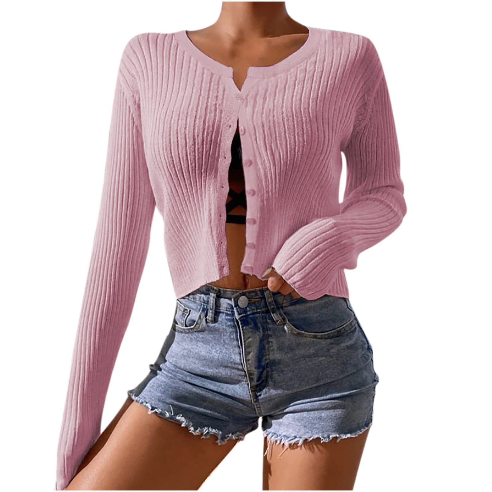 アウターその他 Fallett Cropped knit button cardigan pink FA2303KT02PI VSSSJ Cropped Cardigan for Women Long Sleeve Button Down