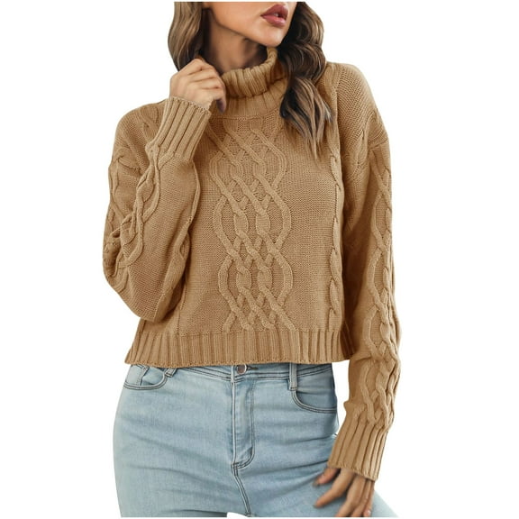 VSSSJ Cropped Sweaters for Women Long Sleeve Casual Turtleneck Cable Knit Solid Color Loose Fall Winter Crop Pullover Sweater Tops Brown M