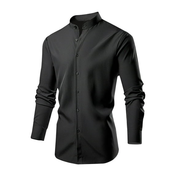 VSSSJ Dress Shirts for Men Stretch Slim Fit Stand Collar Formal Shirts Button Down Long Sleeve Casual Solid Color Basic Busines Work Shirts Black M