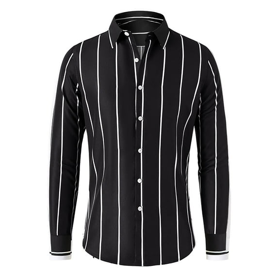 VSSSJ Dress Shirts for Men Striped Print Button Down Business Formal Shirts Wrinkle Free Slim Fit Stretch Casual Shirt Black XXL