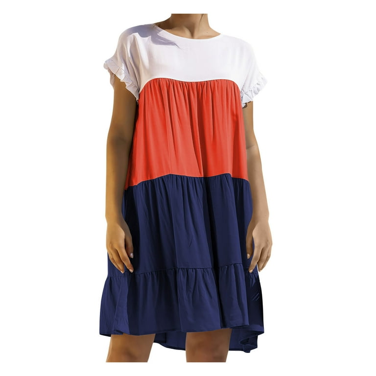 VSSSJ Dresses for Women Color Block Printed Tiered Swing Casual Round Neck Ruched Short Sleeve Flowy Ruffle Hem Summer Loose Dress Walmart