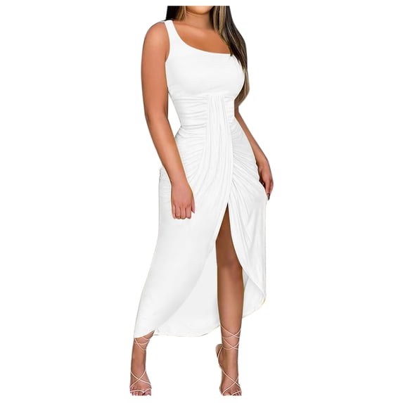 VSSSJ Dresses for Women Sleeveless Ruched Slim One Shoulder Sexy Long Dress Solid Color Split Flowy Club Party Midi Bodycon Dress White XL