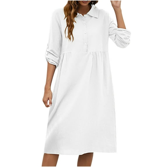 VSSSJ Dresses for Women Turn-down Collar Button Down Loose Shirt Long Dress Solid Color Short Sleeve Casual Cotton Linen Midi Dress White S